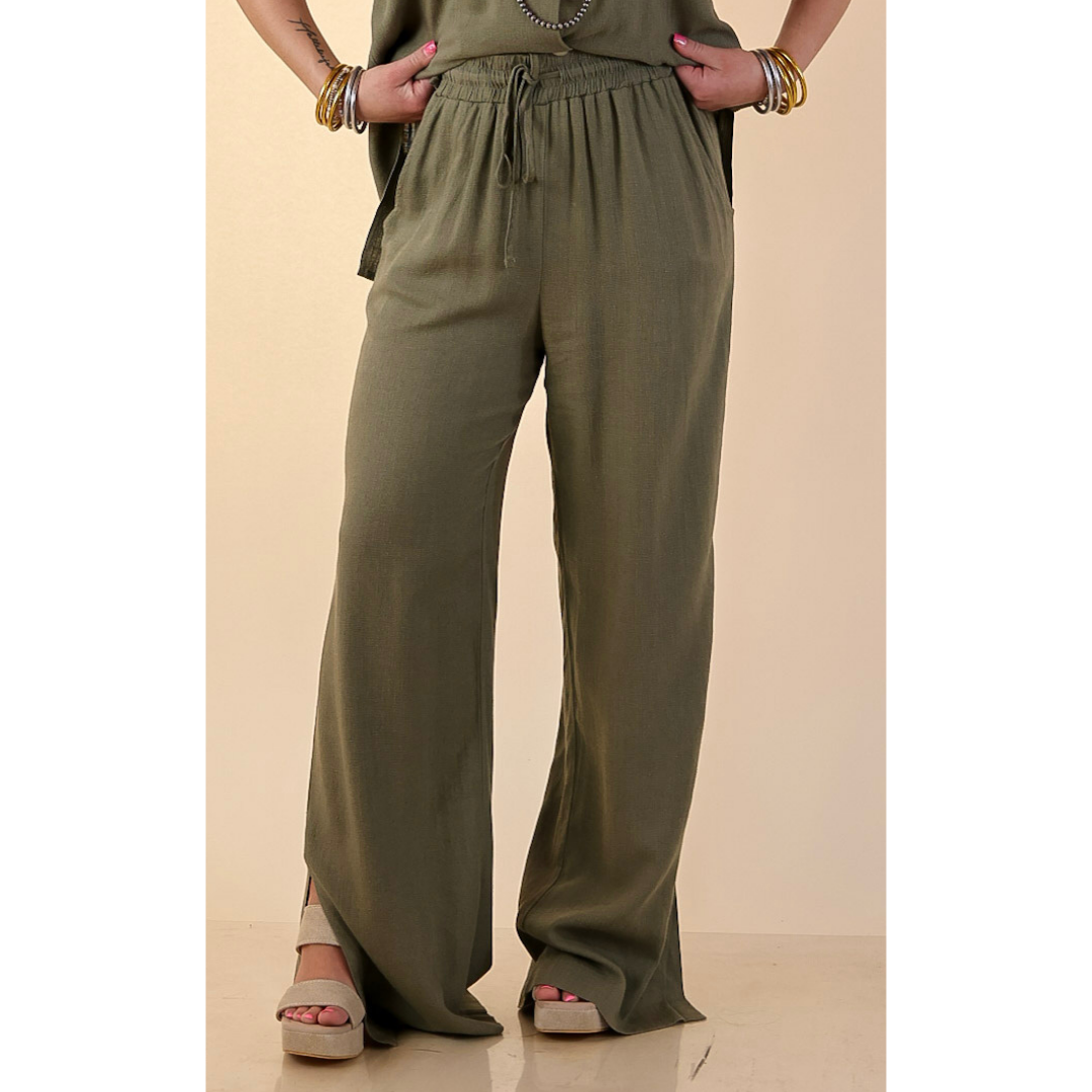 Styled in Comfort Linen Wide Leg Drawstring Pants in Olive Green