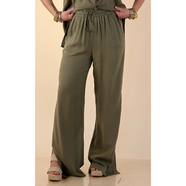 Styled in Comfort Linen Wide Leg Drawstring Pants in Olive Green