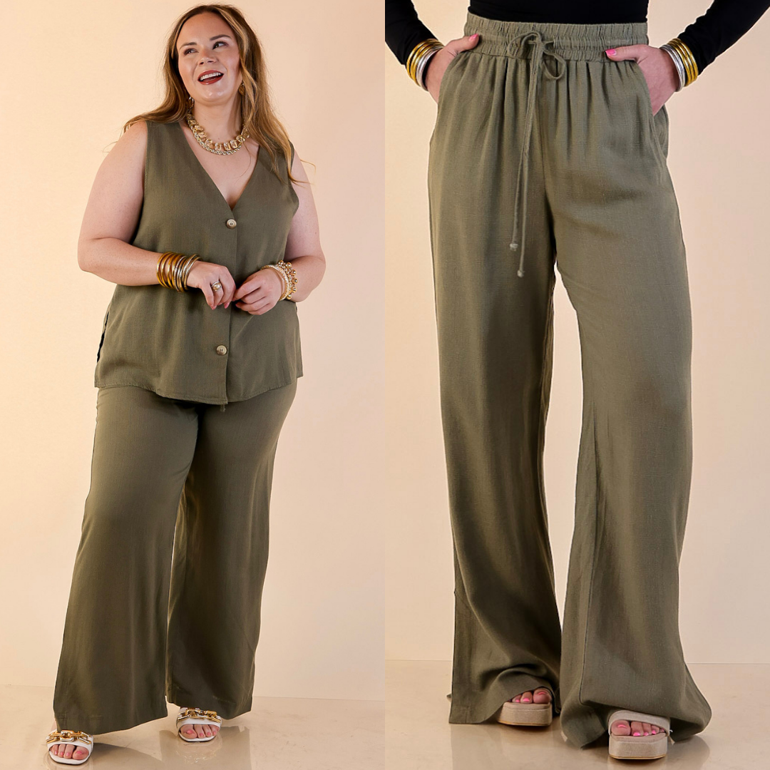 Models are wearing Linen Wide Leg Drawstring Pants in Olive Green with Matching Vest against a beige background. 