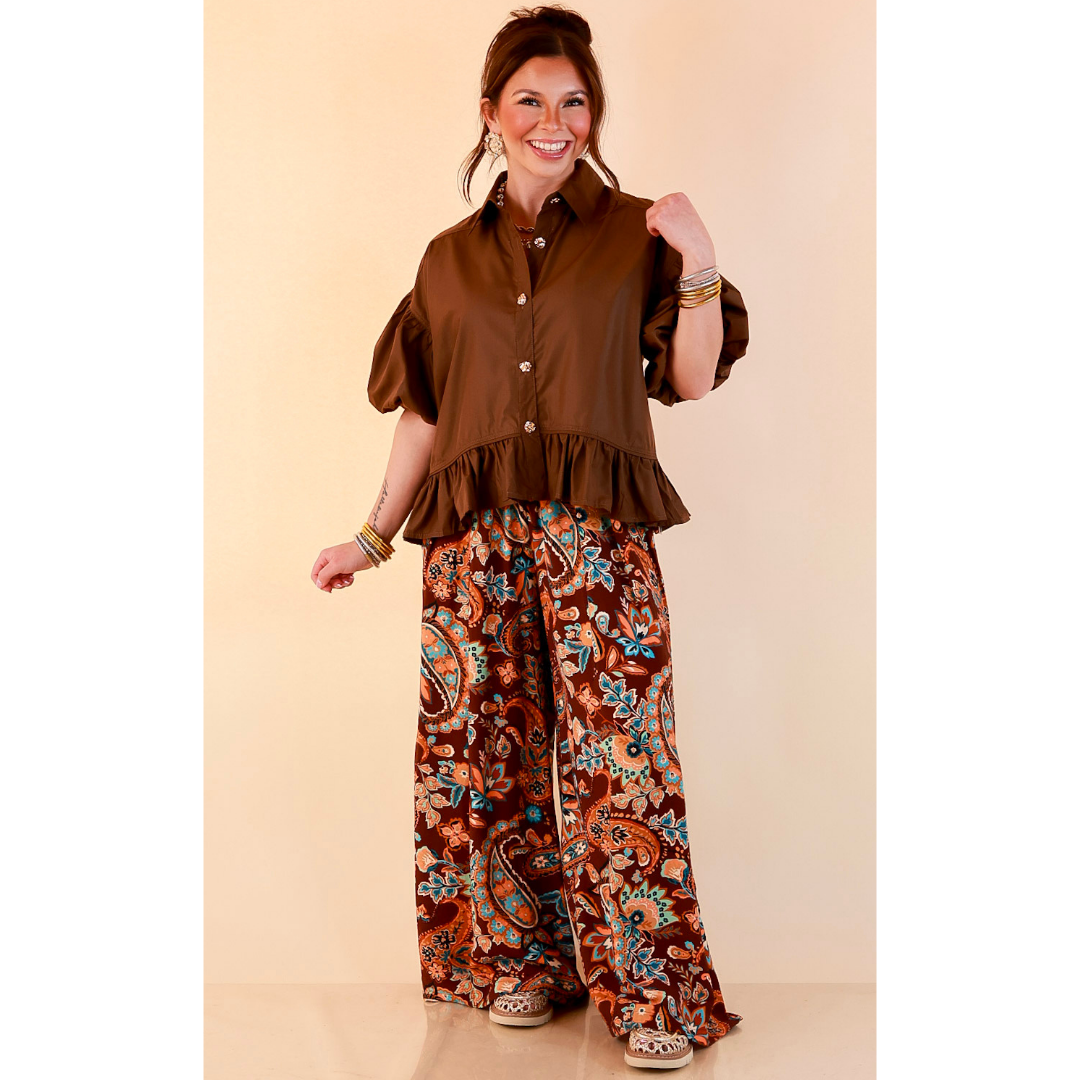 Style in Session Solid Button Down Peplum Bubble Sleeve Top in Chocolate Brown