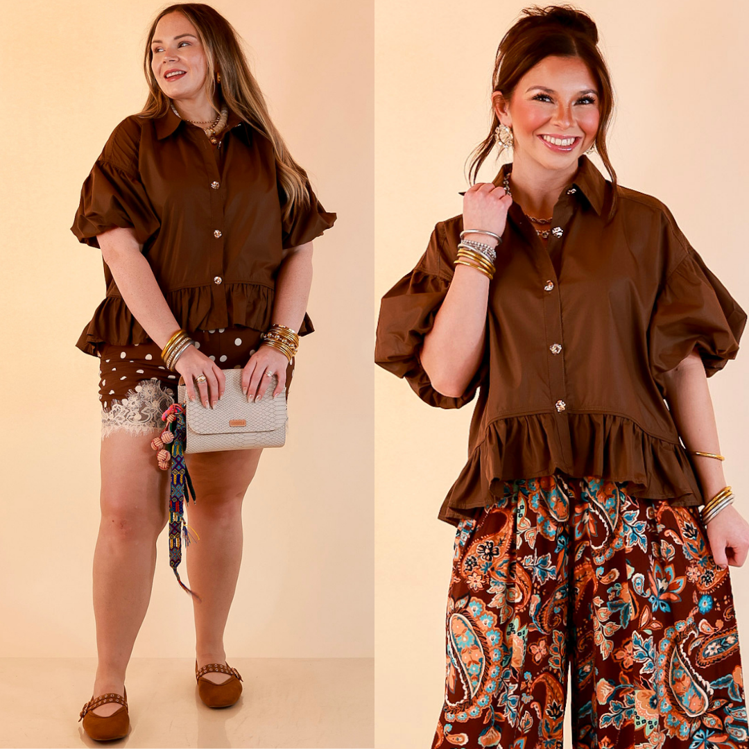 Style in Session Solid Button Down Peplum Bubble Sleeve Top in Chocolate Brown