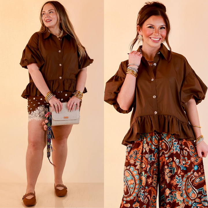 Style in Session Solid Button Down Peplum Bubble Sleeve Top in Chocolate Brown