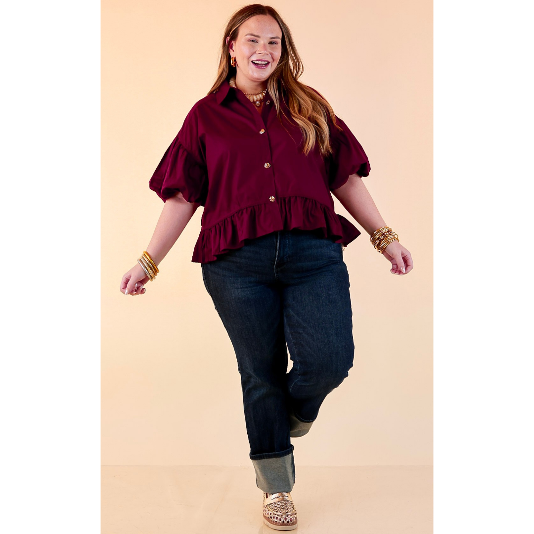 Style in Session Solid Button Down Peplum Bubble Sleeve Top in Maroon