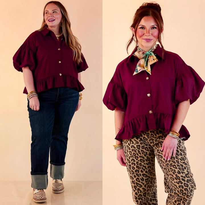 Style in Session Solid Button Down Peplum Bubble Sleeve Top in Maroon