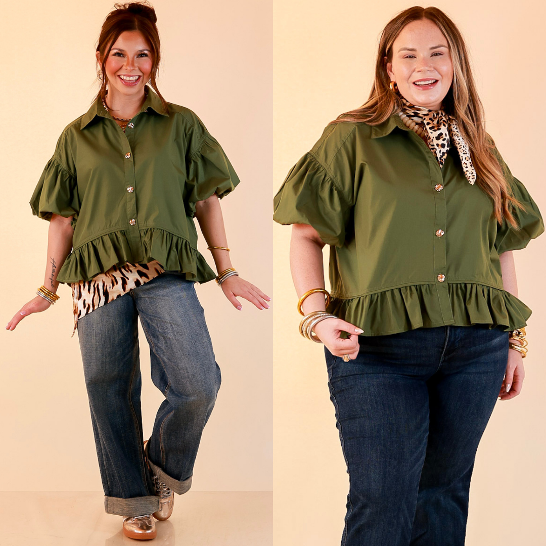 Style in Session Solid Button Down Peplum Bubble Sleeve Top in Olive Green