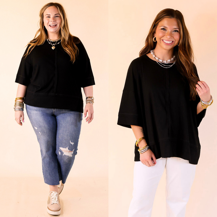 Easy, effortless, and elevated. This crew neck features front seam detailing and an extended hem for a flattering twist on your everyday basic. In sizes S/M to 2X/3X.