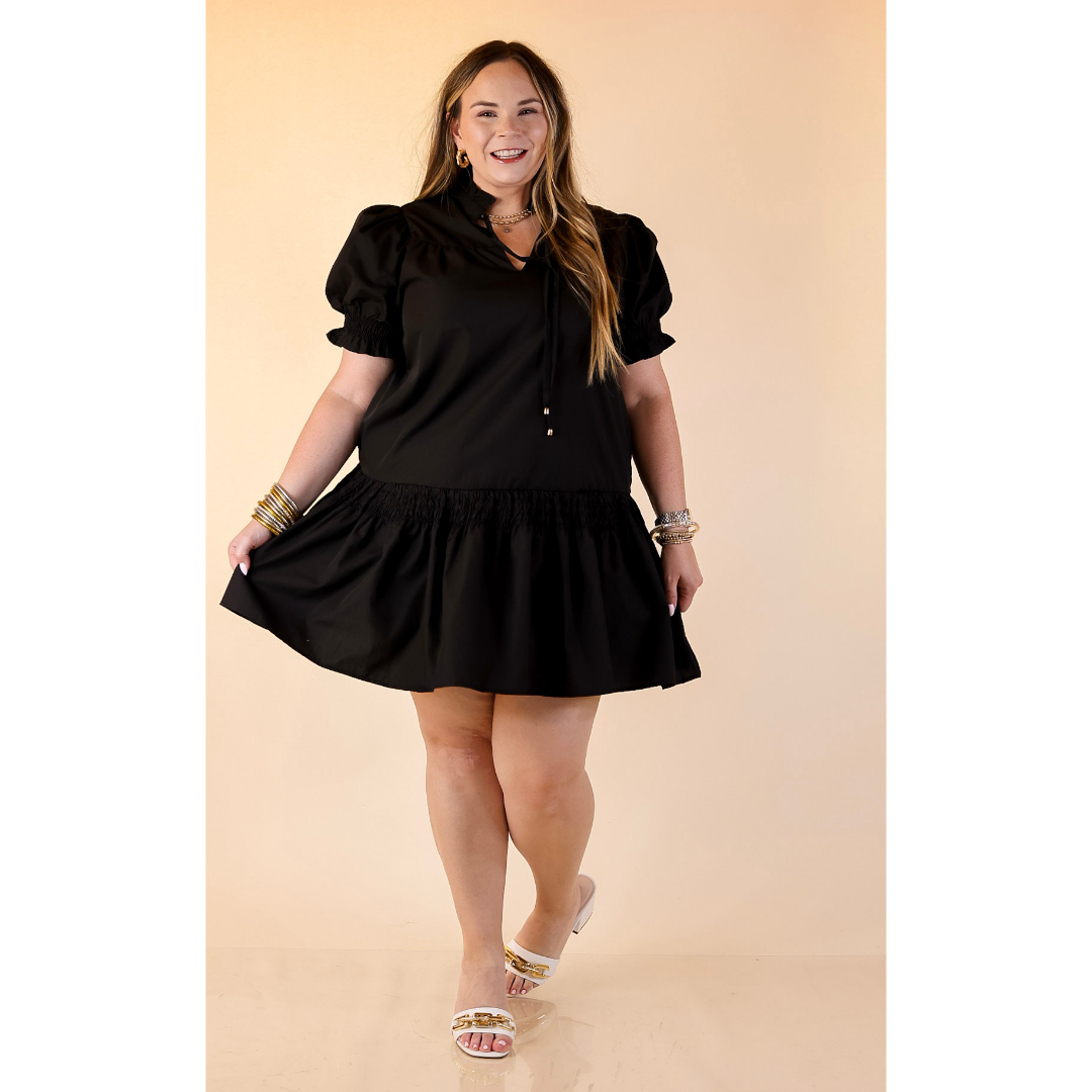 Sugar and Chic Peplum Solid Dress with Puff Sleeves in Black