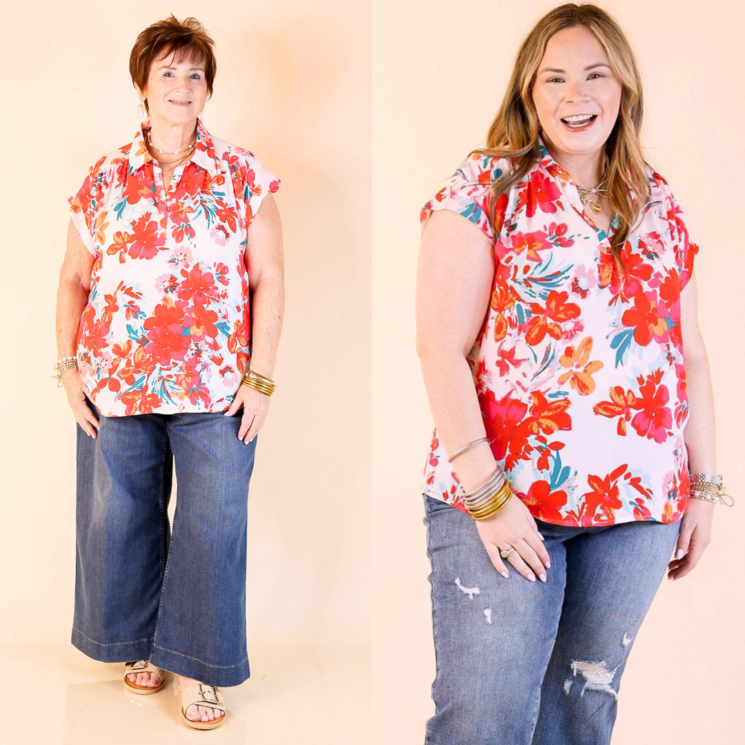 This top includes short sleeves, a half button up front, collared neckline, and a red and pink floral print. Available in sizes small through plus size. 