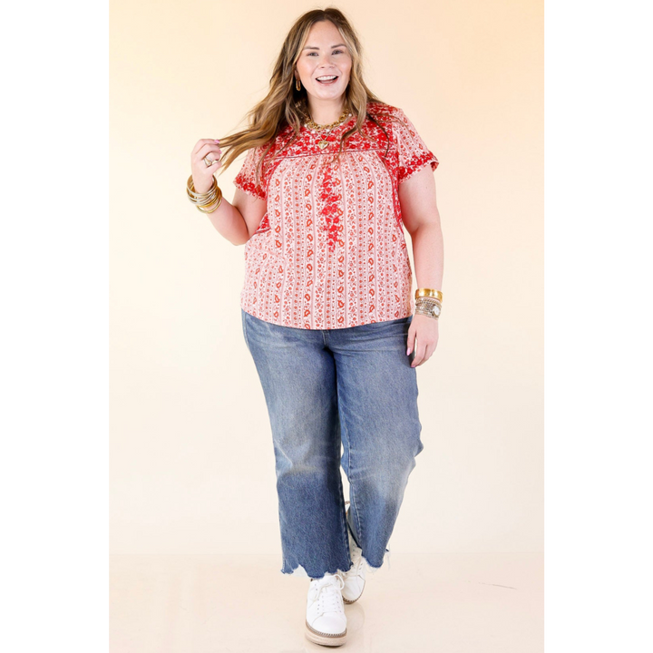Sunny Day Floral Print Top with Red Floral Embroidery in Off White