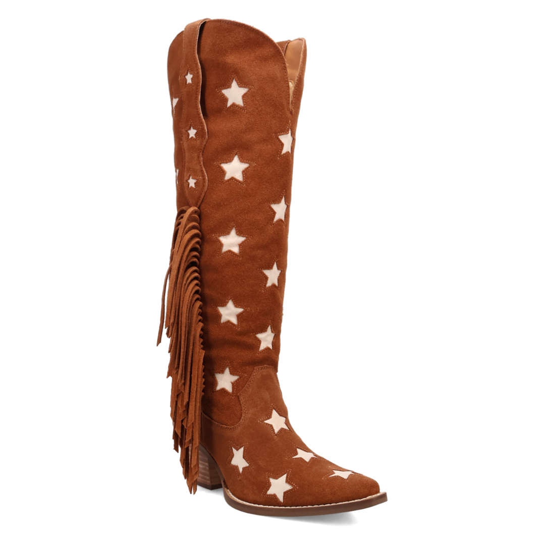A 17 inch shaft camel boot that is covered in cut out of stars with fringe on the side and a 2 1/4 inch heel