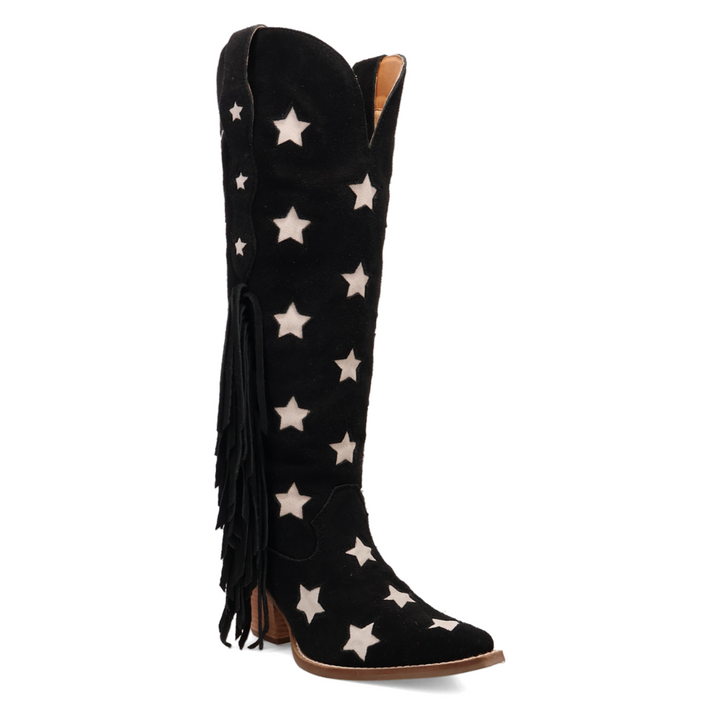 A 17 inch shaft black suede leather boot that is covered in cut out of stars with fringe on the side and a 2 1/4 inch heel