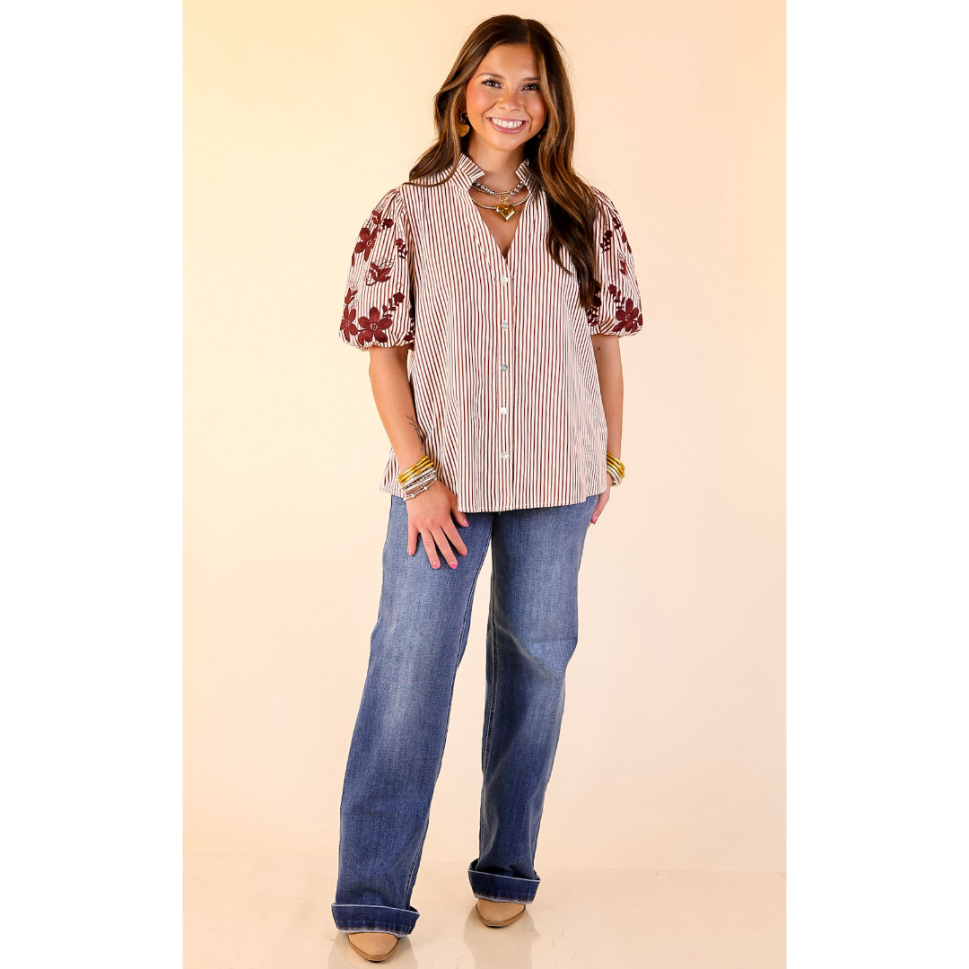 Sweet Intentions Button Down Striped Top with Puff Embroidered Sleeves in Maroon