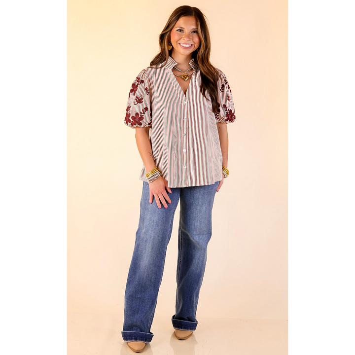 Sweet Intentions Button Down Striped Top with Puff Embroidered Sleeves in Maroon
