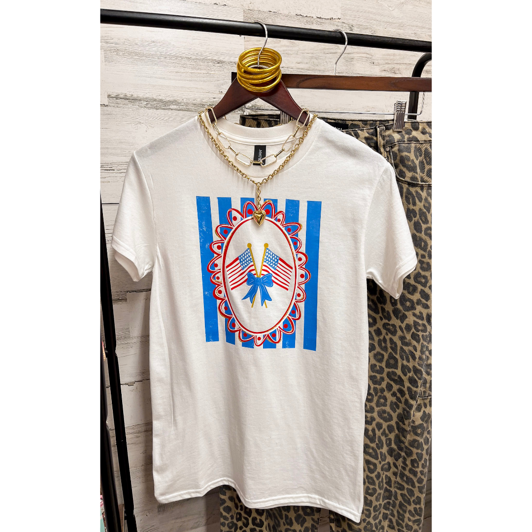 Sweet Land of Liberty Patriotic Coquette Short Sleeve Graphic Tee with Bow Detailing in White