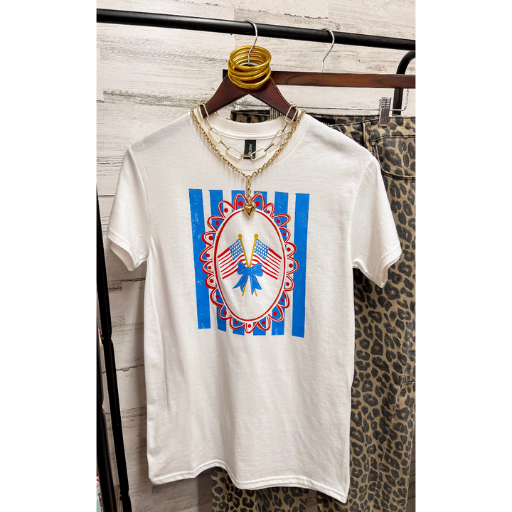 Sweet Land of Liberty Patriotic Coquette Short Sleeve Graphic Tee with Bow Detailing in White