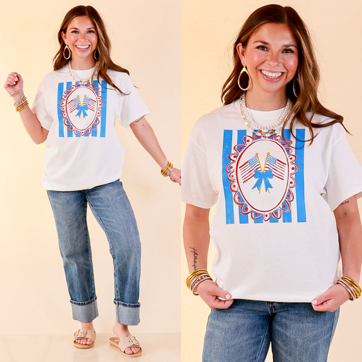 Sweet Land of Liberty Patriotic Coquette Short Sleeve Graphic Tee with Bow Detailing in White