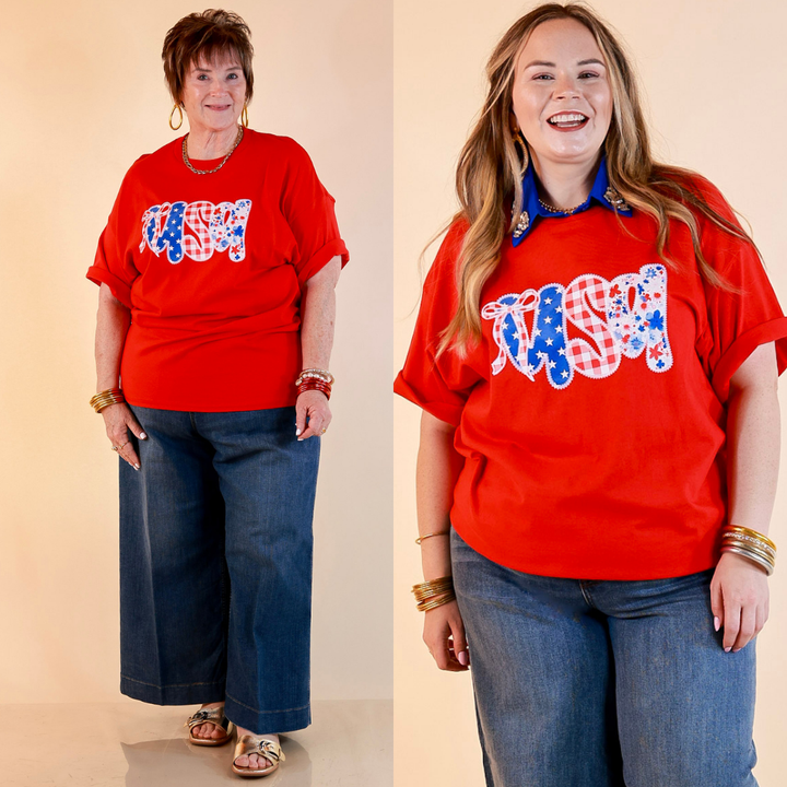 Sweet Land of Style USA Coquette Short Sleeve Graphic Tee with Bow Detailing in Red