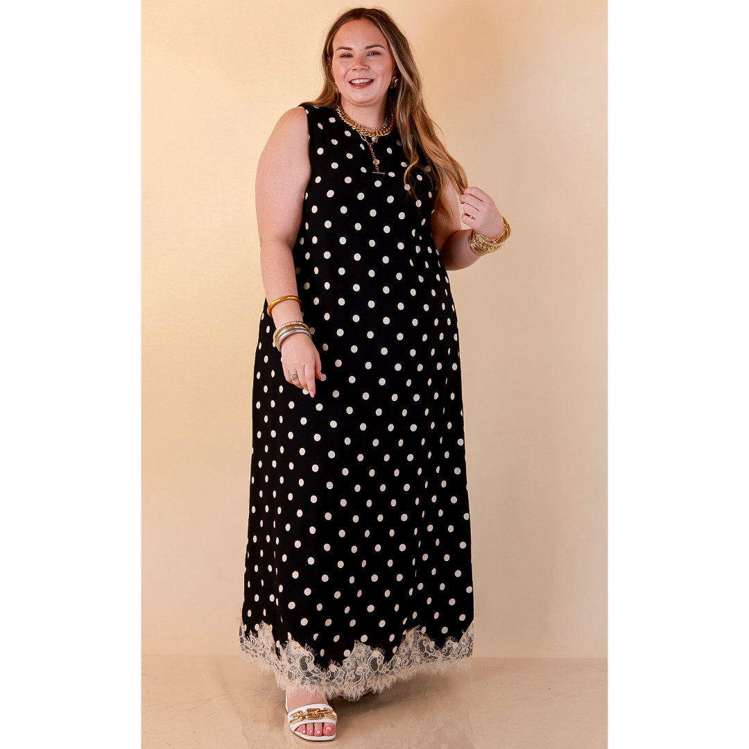 Sweet Little Something Polka Dot Sleeveless Maxi Dress with Lace Trim in Black