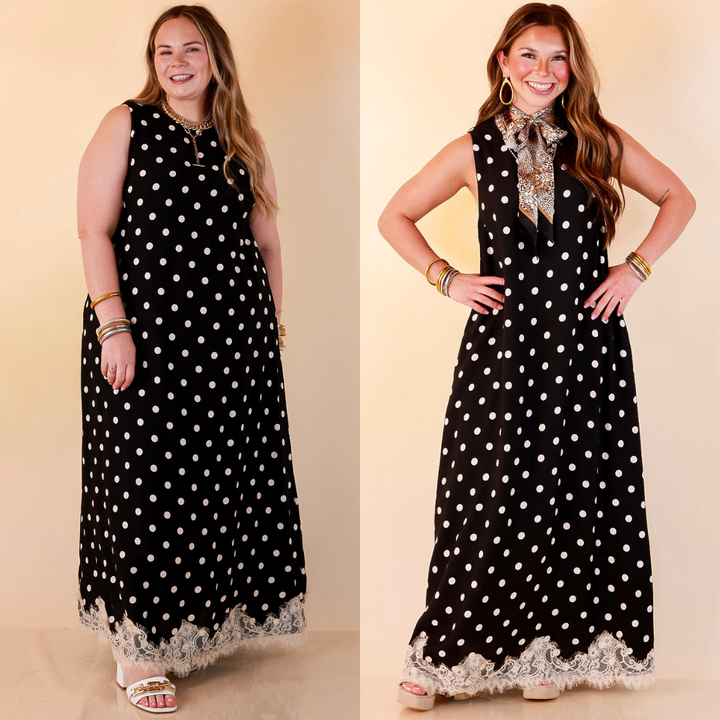 Sweet Little Something Polka Dot Sleeveless Maxi Dress with Lace Trim in Black