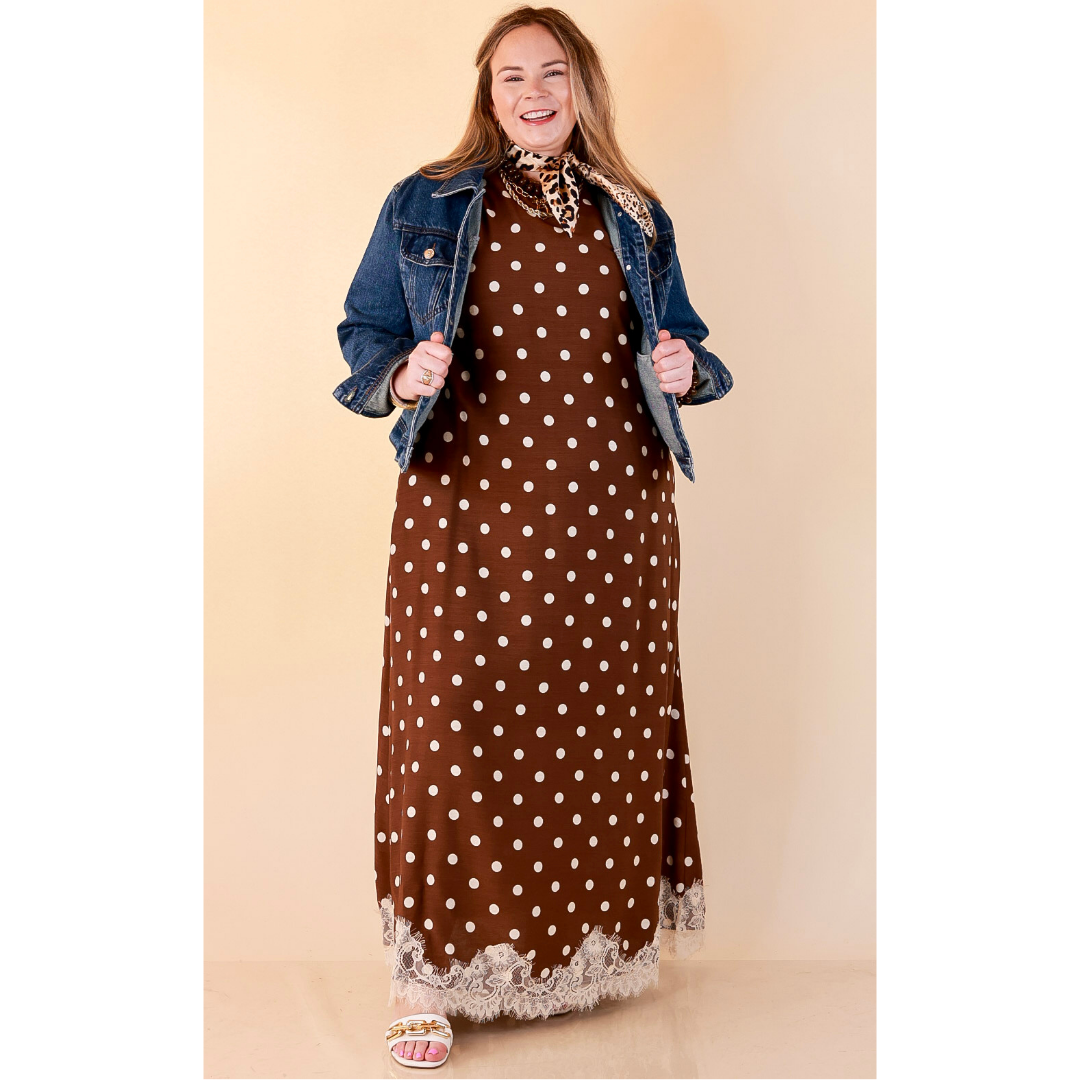 Sweet Little Something Polka Dot Sleeveless Maxi Dress with Lace Trim in Chocolate Brown