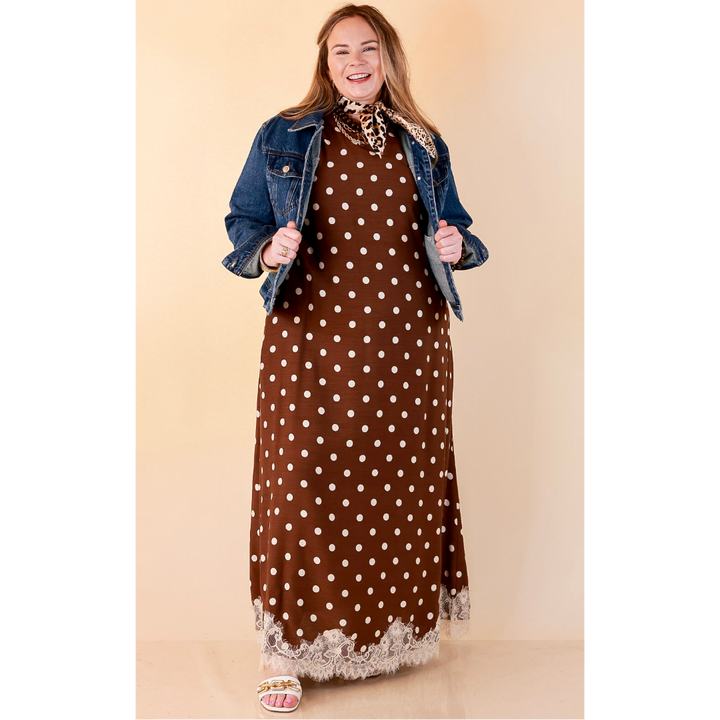 Sweet Little Something Polka Dot Sleeveless Maxi Dress with Lace Trim in Chocolate Brown