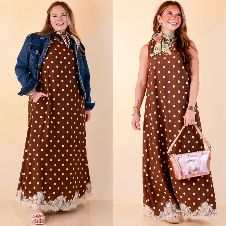 Sweet Little Something Polka Dot Sleeveless Maxi Dress with Lace Trim in Chocolate Brown