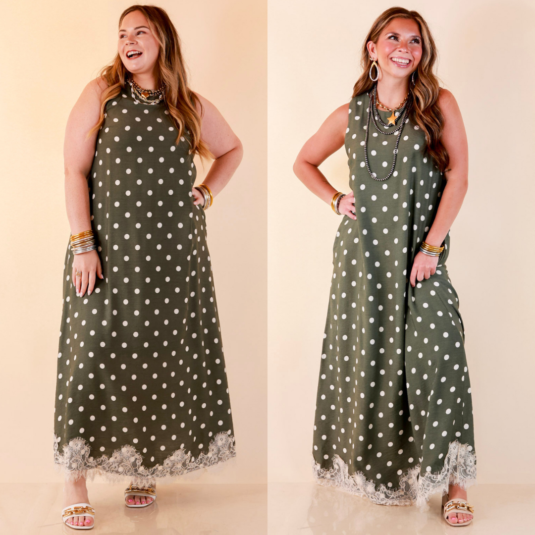 Sweet Little Something Polka Dot Sleeveless Maxi Dress with Lace Trim in Olive Green