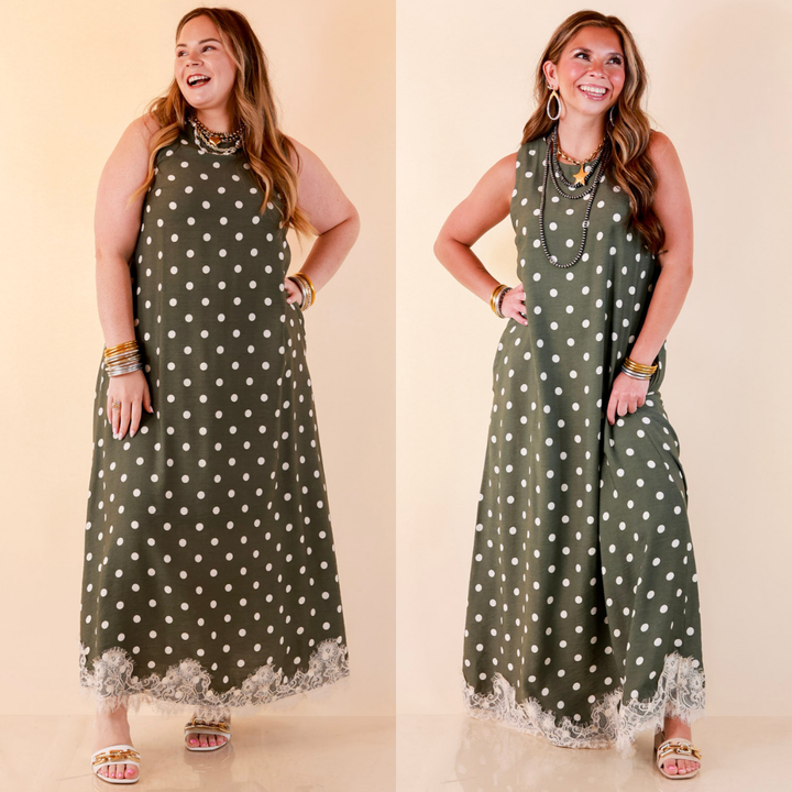 Sweet Little Something Polka Dot Sleeveless Maxi Dress with Lace Trim in Olive Green