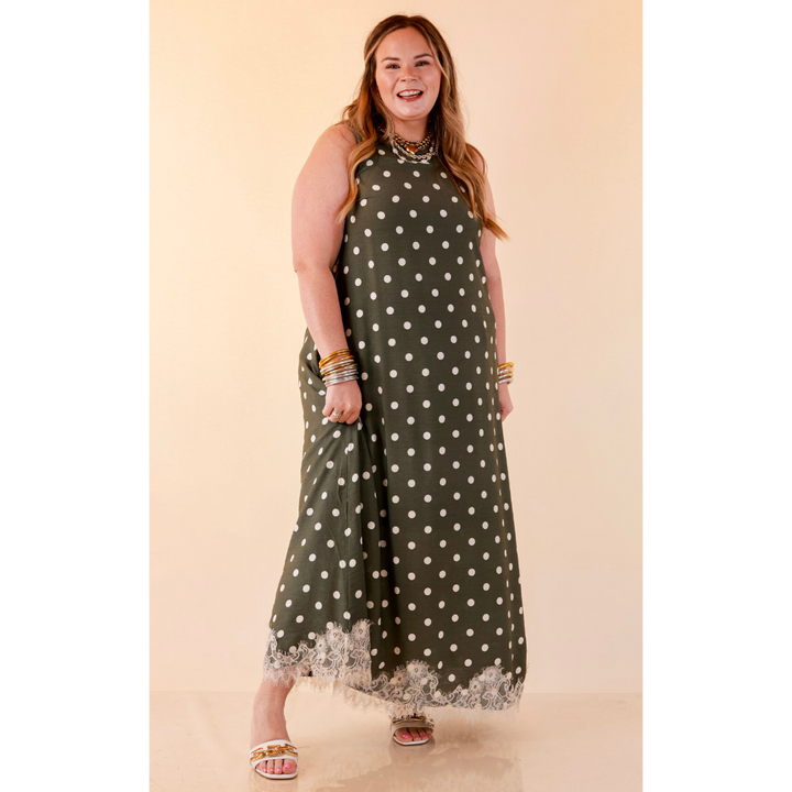 Sweet Little Something Polka Dot Sleeveless Maxi Dress with Lace Trim in Olive Green