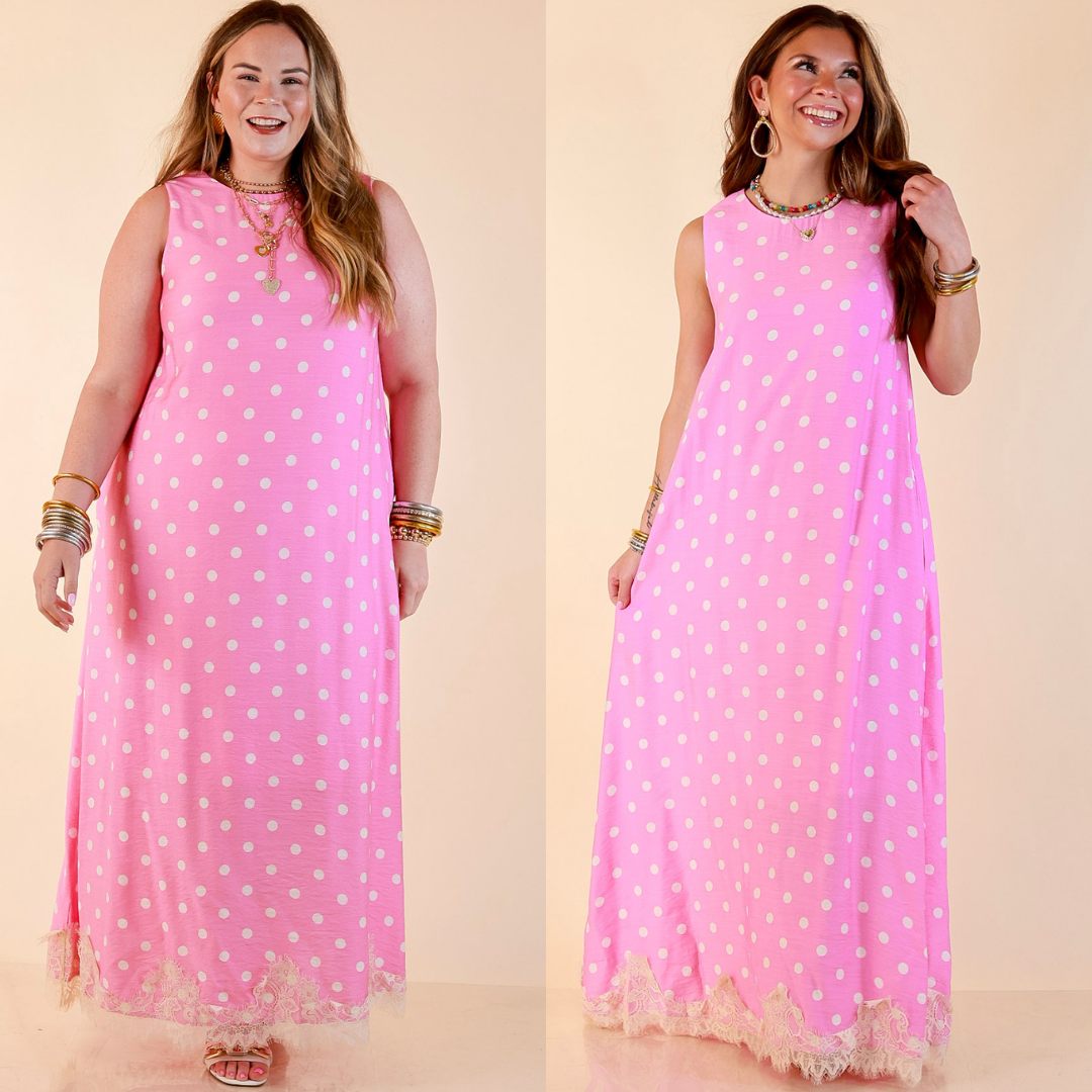 Sweet Little Something Polka Dot Sleeveless Maxi Dress with Lace Trim in Pink