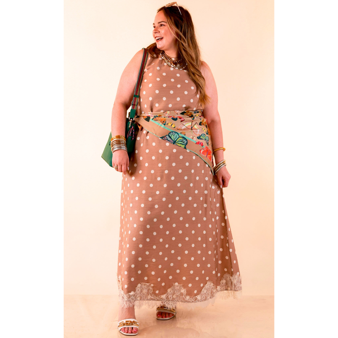 Sweet Little Something Polka Dot Sleeveless Maxi Dress with Lace Trim in Tan