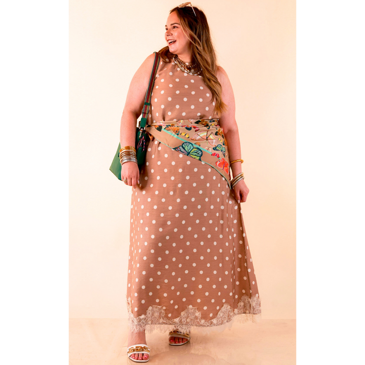 Sweet Little Something Polka Dot Sleeveless Maxi Dress with Lace Trim in Tan
