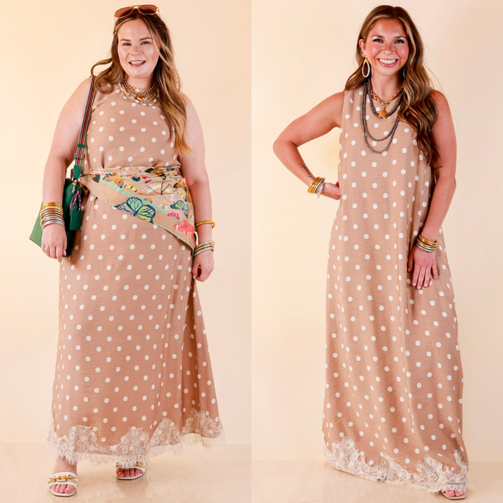 Sweet Little Something Polka Dot Sleeveless Maxi Dress with Lace Trim in Tan