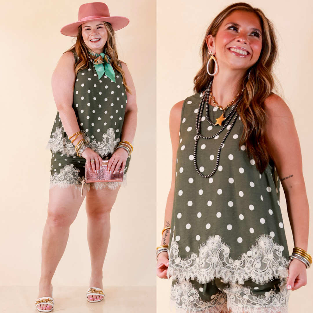 Sweet Little Something Polka Dot Sleeveless Tank Top with Lace Trim Detailing in Olive Green