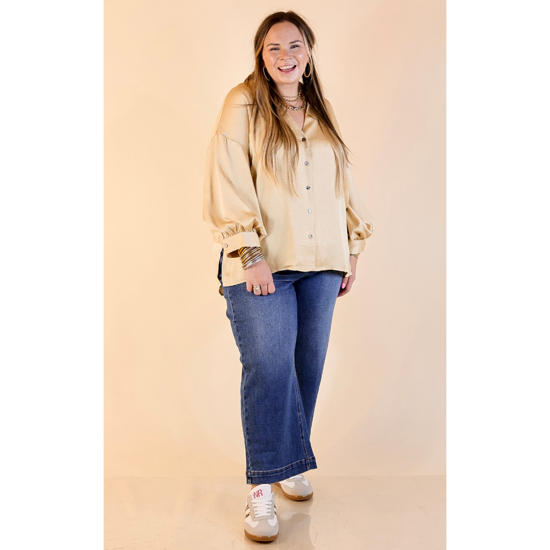 Sweet Notion Button Up 3/4 Balloon Sleeve Top in Gold