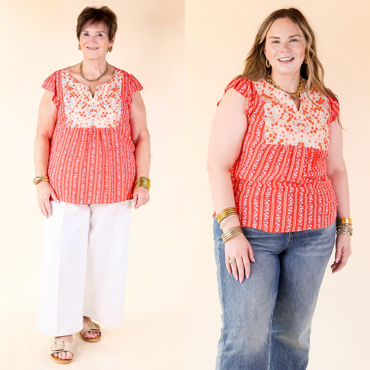 Featuring bright florals, a notched neckline, embroidered yoke, and ruffle cap sleeves. Sizes small through plus sizes.