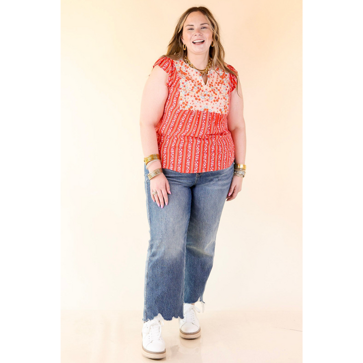 Sweet Reminder Floral and Stripe Print Top with Embroidered Yoke in Red