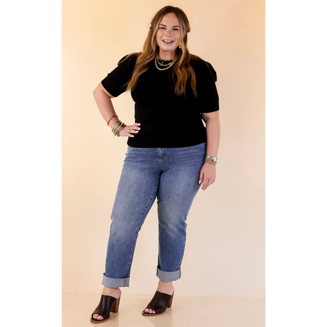 Sweet Sophistication Puff Short Sleeve Knit Sweater with Scoop Neck in Black