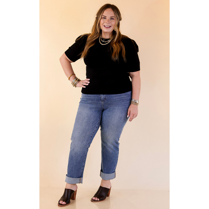 Sweet Sophistication Puff Short Sleeve Knit Sweater with Scoop Neck in Black