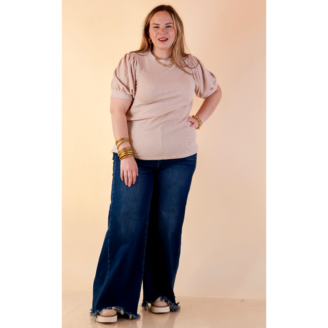 Sweet Sophistication Puff Short Sleeve Ribbed Top with Scoop Neck in Beige