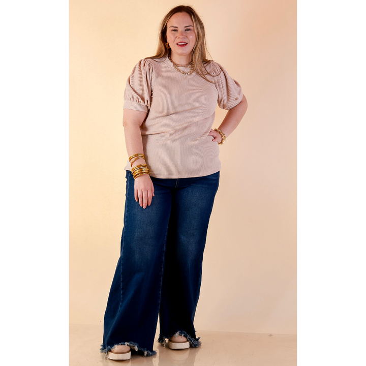 Sweet Sophistication Puff Short Sleeve Ribbed Top with Scoop Neck in Beige