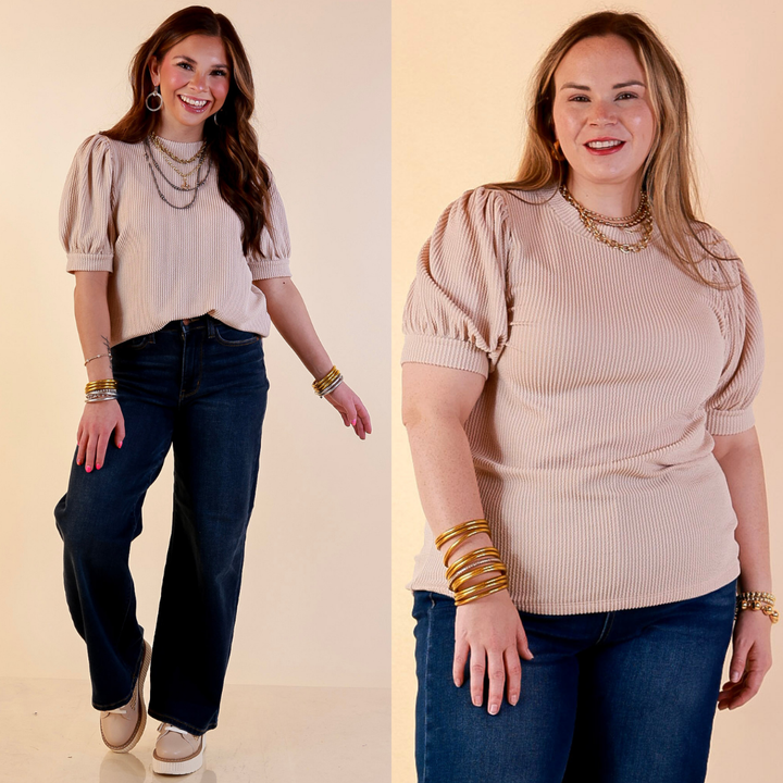 Models are wearing Puff Short Sleeve Ribbed Top with Scoop Neck in Beige with Jeans against a beige backdrop. 