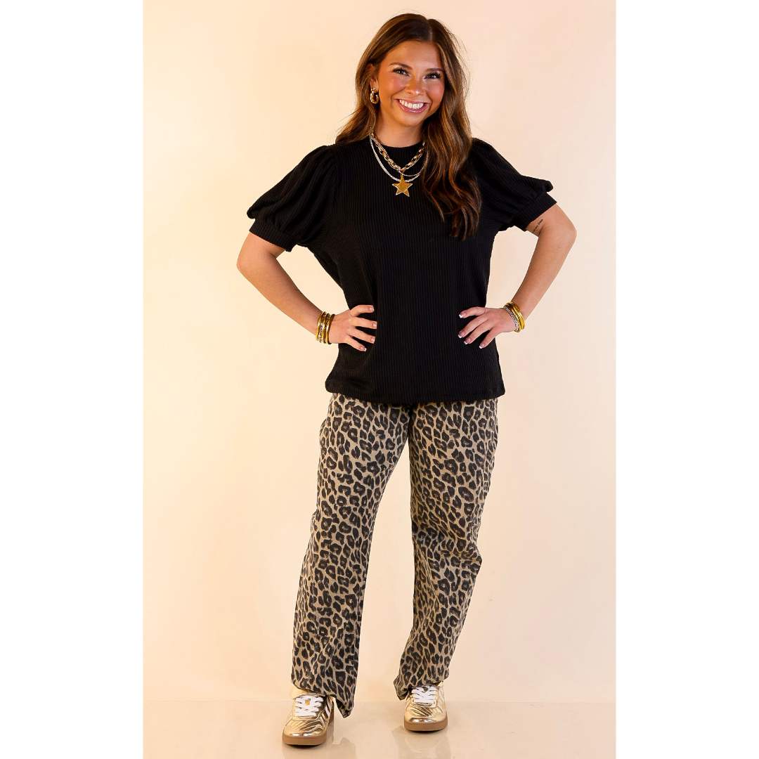 Sweet Sophistication Puff Short Sleeve Ribbed Top with Scoop Neck in Black