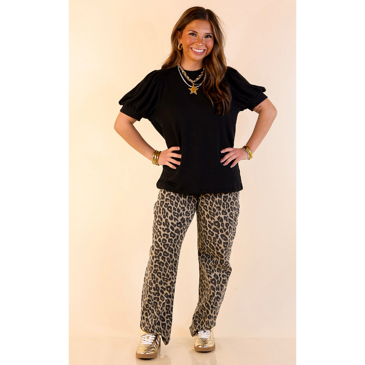 Sweet Sophistication Puff Short Sleeve Ribbed Top with Scoop Neck in Black