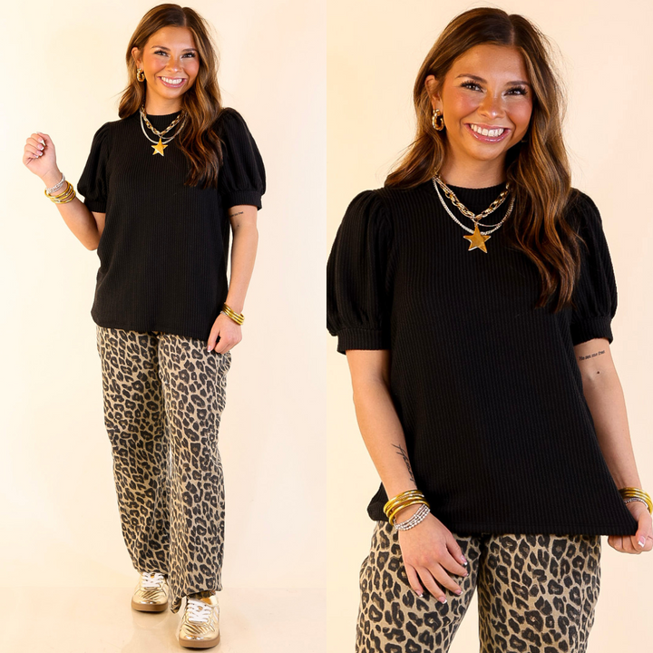 Sweet Sophistication Puff Short Sleeve Ribbed Top with Scoop Neck in Black