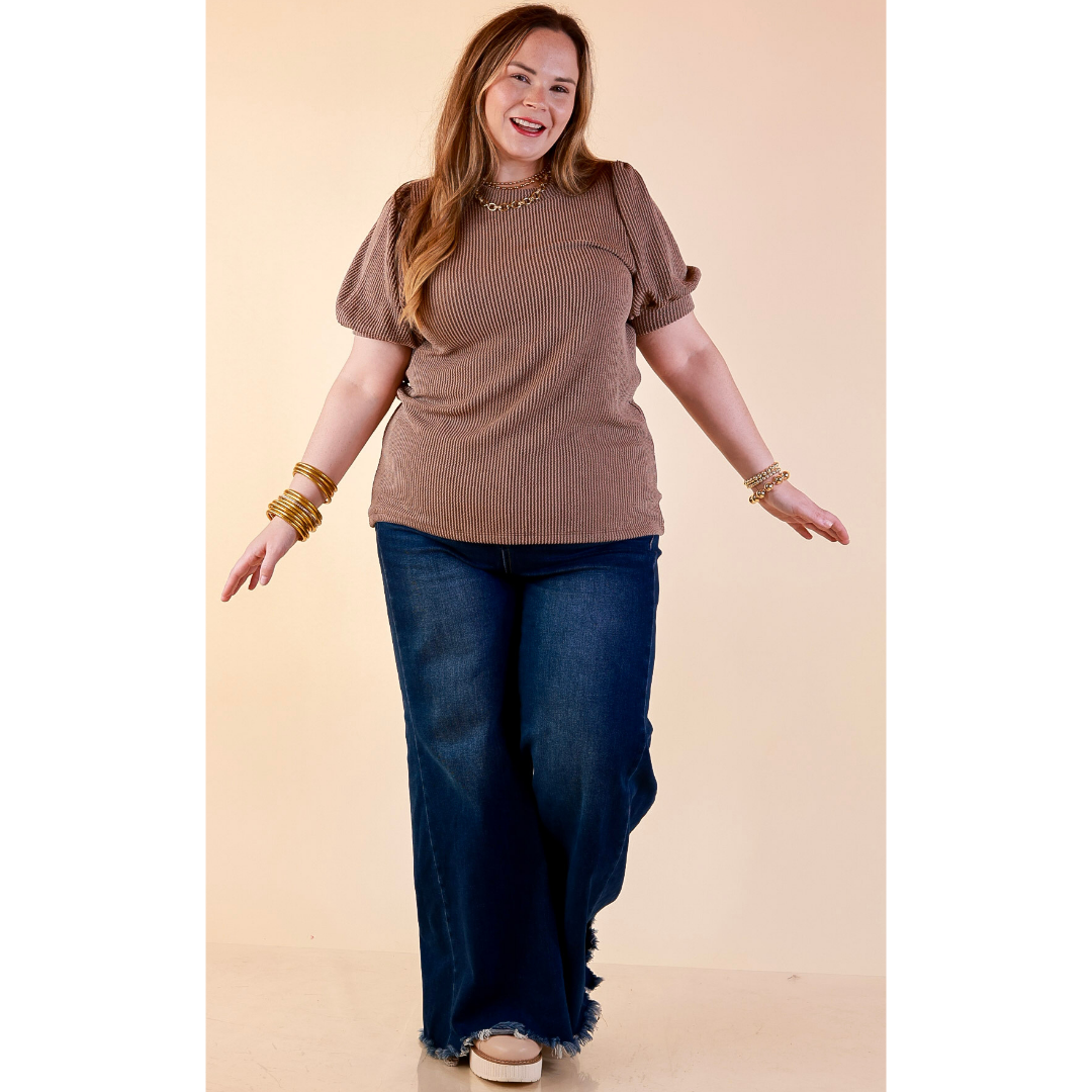 Sweet Sophistication Puff Short Sleeve Ribbed Top with Scoop Neck in Mocha Brown