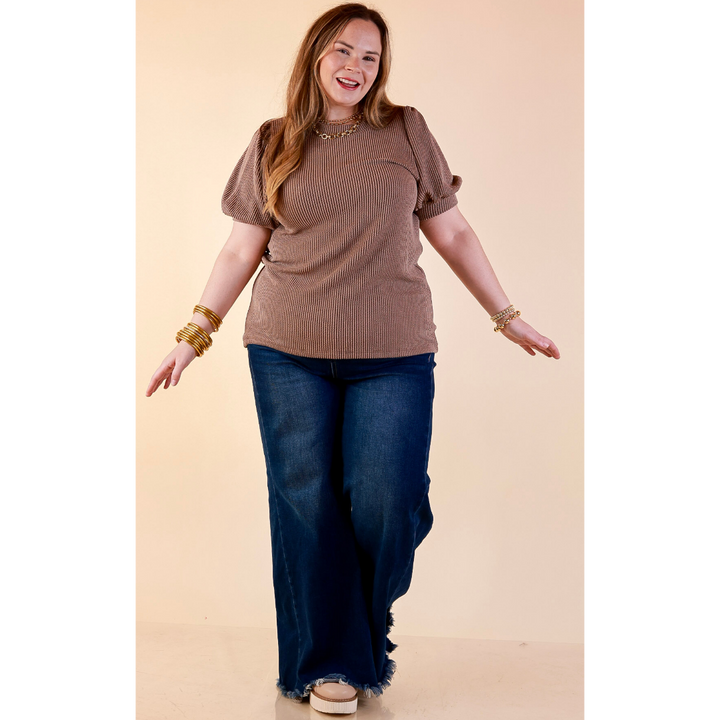 Sweet Sophistication Puff Short Sleeve Ribbed Top with Scoop Neck in Mocha Brown