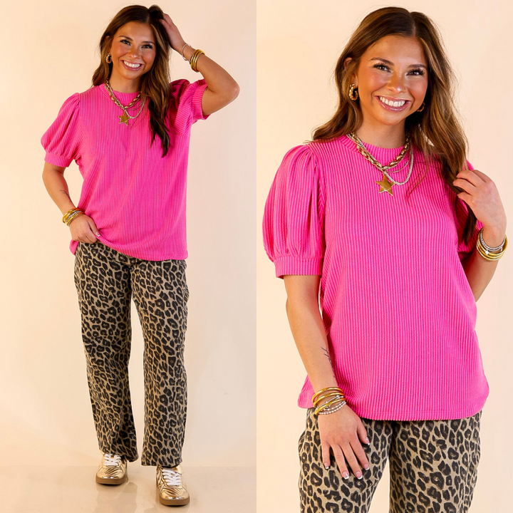 Sweet Sophistication Puff Short Sleeve Ribbed Top with Scoop Neck in Hot Pink