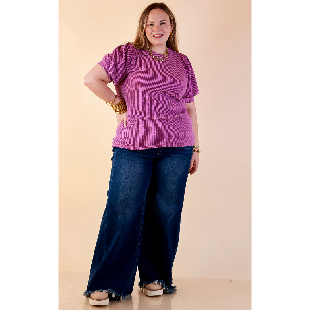 Sweet Sophistication Puff Short Sleeve Ribbed Top with Scoop Neck in Purple