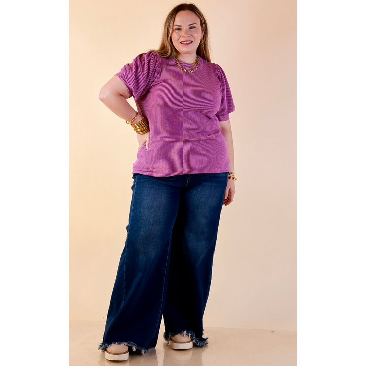 Sweet Sophistication Puff Short Sleeve Ribbed Top with Scoop Neck in Purple